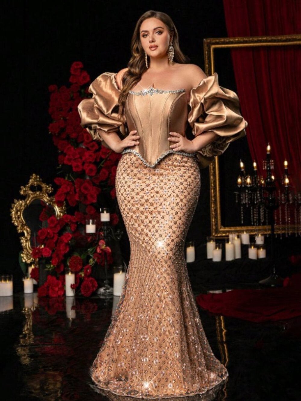 Asia Plus Size Off-The-Shoulder Mermaid-Style Sequined Gown